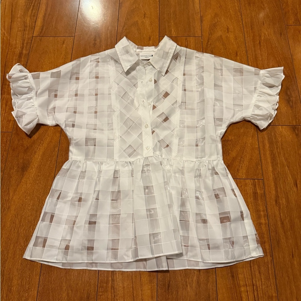 NWT WAVERLY GREY women’s blouse in white ruffled sleeveless